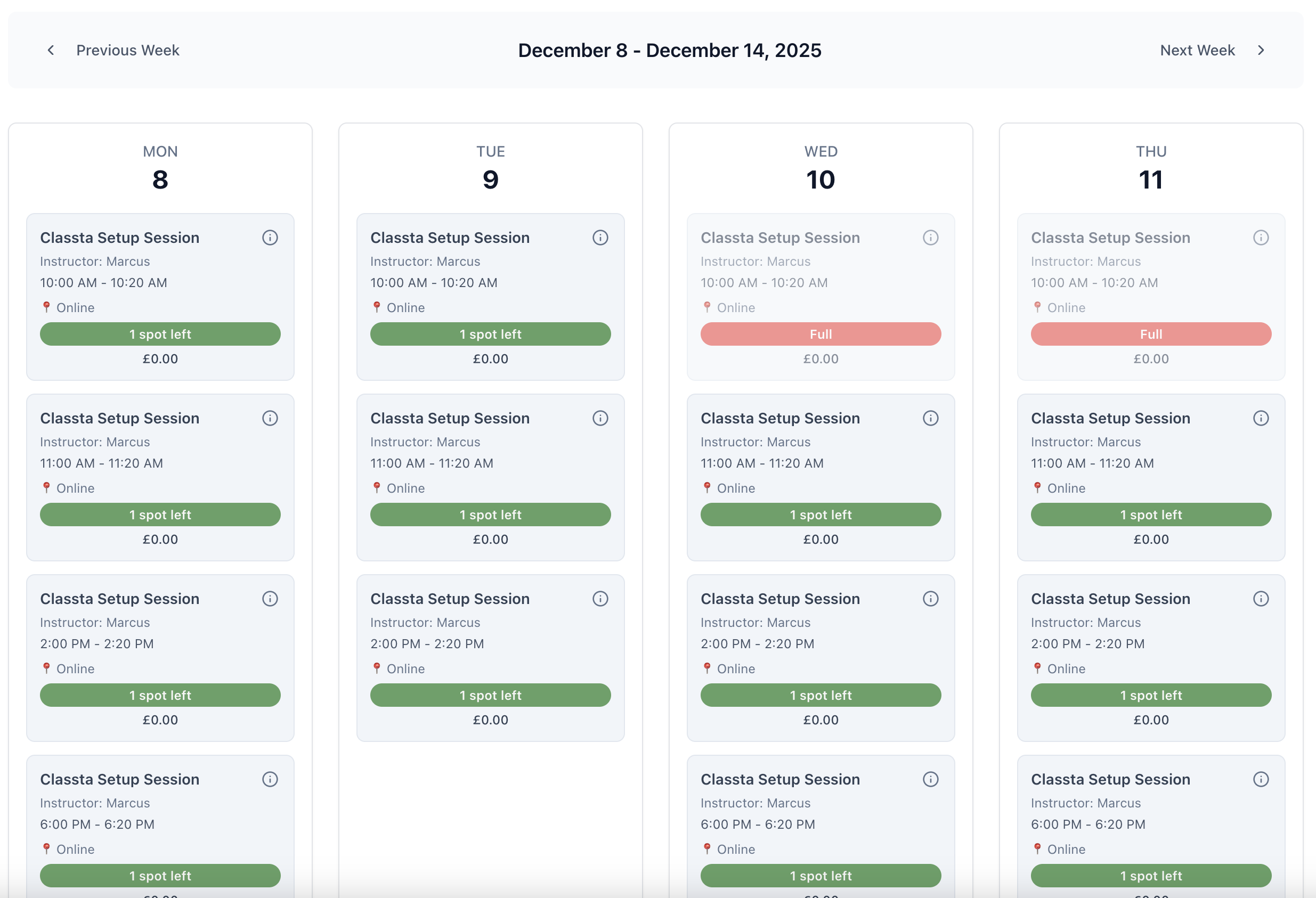 Weekly calendar grid booking page showing classes, availability, and booking states