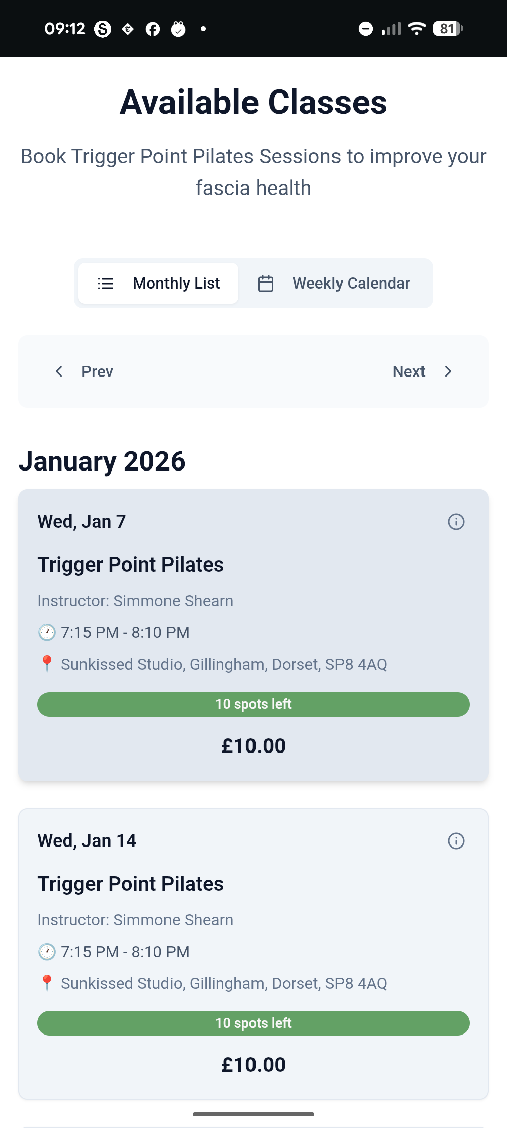 Mobile booking view showing available classes, calendar toggle, and class details
